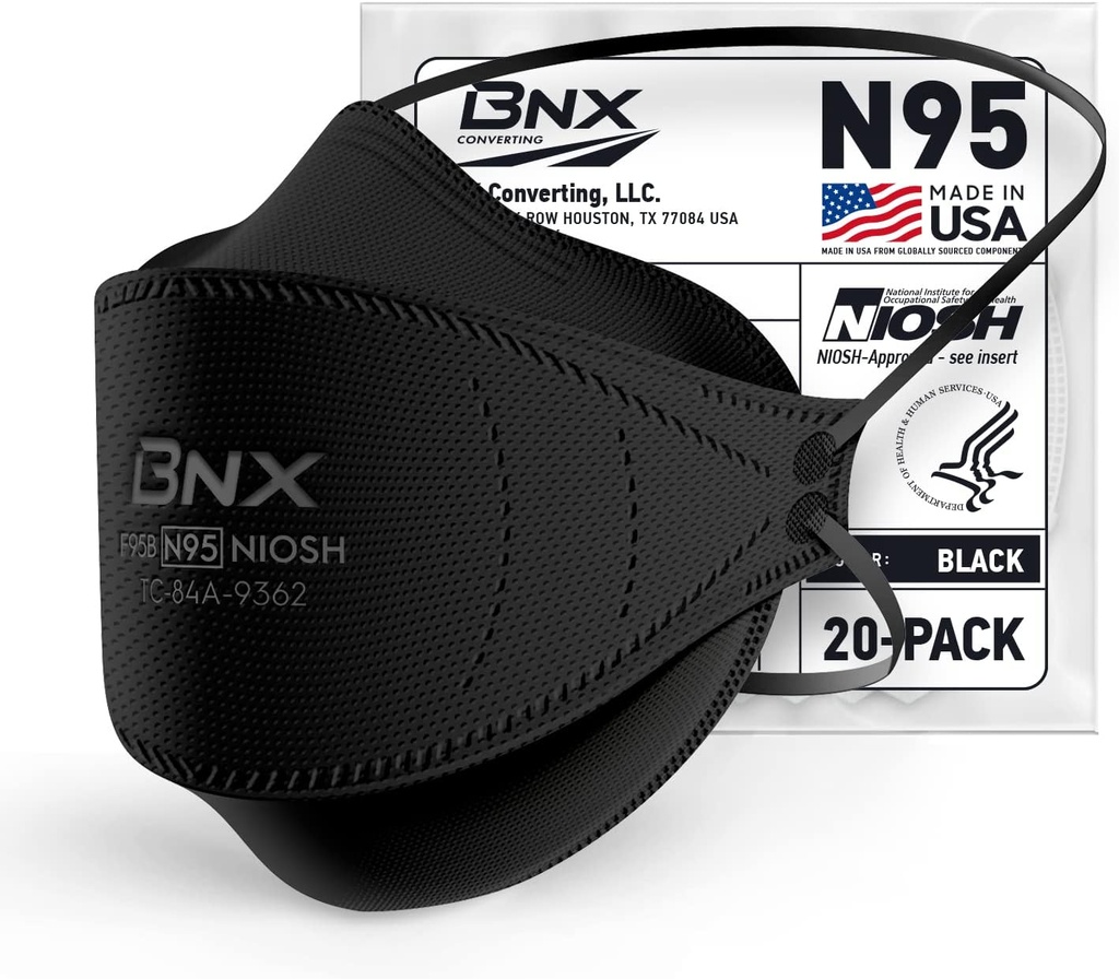 BNX N95 Mask NIOSH Certified MADE IN USA Face Mask, Tri-Fold Cup/Fish Style, 10,20,50-Pack - Black, White (Model F95B,F95W)