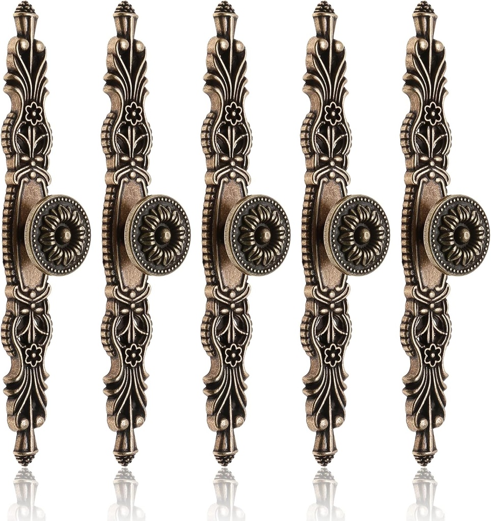 5Pcs Vintage Antique Floral Cabinet Handles, 3.8" Holes Space Bronze Dresser Handles for Dresser Drawers Cupboard, 6.3" Length