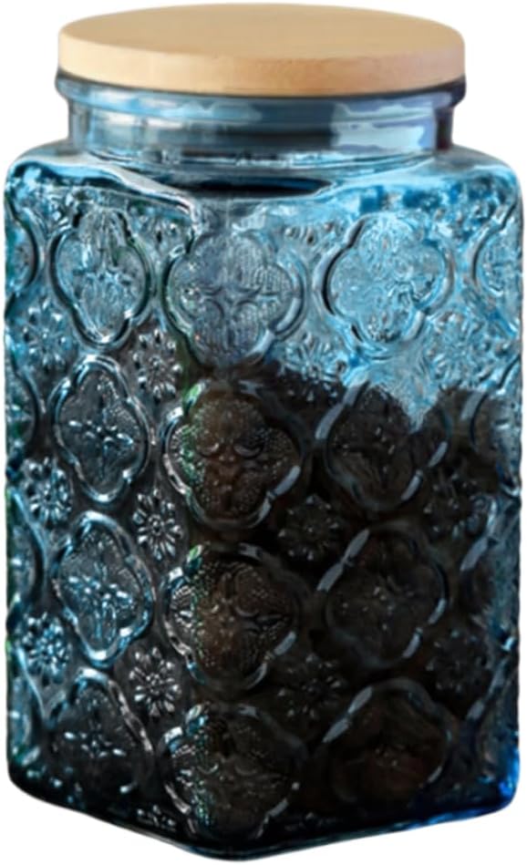 ANSQU Blue Glass Canister, 34oz Square Glass Jar with Lid, Vintage Mason Jar, Candy Dish/Sugar Container for Kitchen Pantry Coffee, Tea, Cookie, Cute Jars (Blue, 1 Pack)