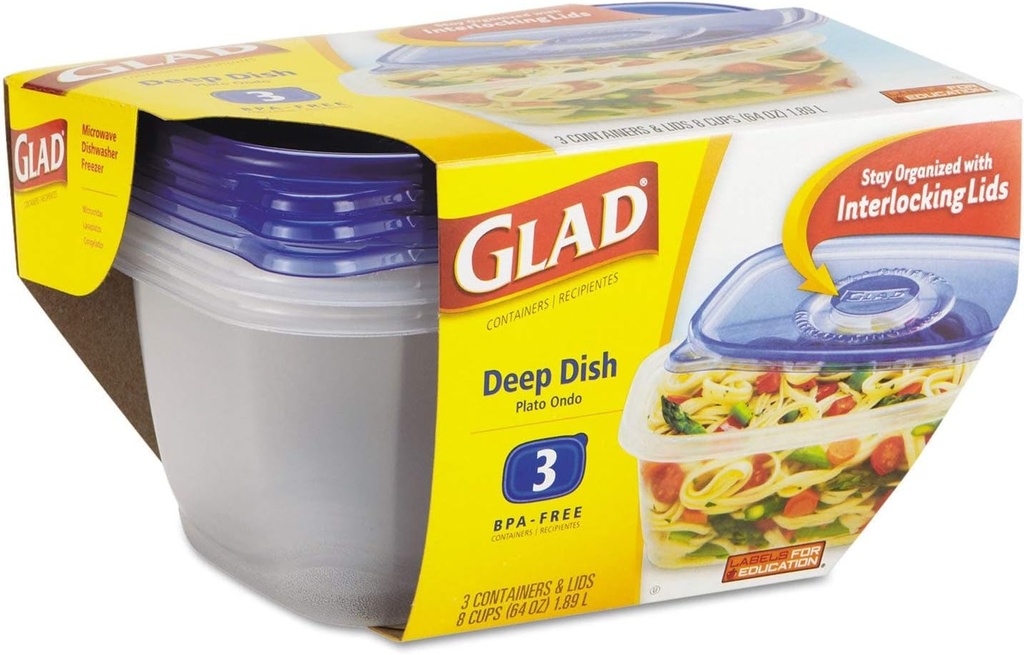 GladWare Deep Dish Containers with Lids, 8 Cups (64 oz) 3 containers