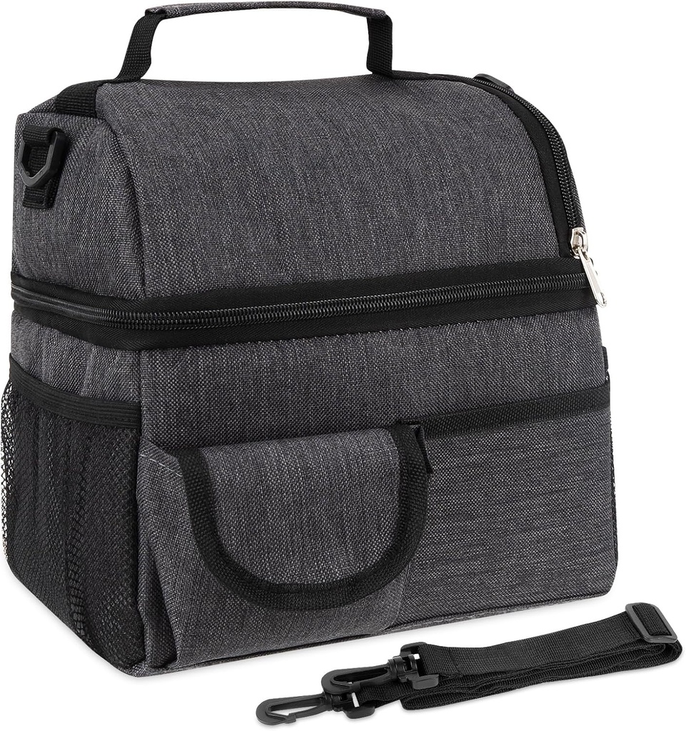 Linkidea 2 Layers Lunch Box Bag, Large Capacity Lunch Storage Bag with Adjustable Strap, Insulated Tote Lunch Bag for Adult, Compatible with Crock Pot, DUPASU, LUNCHEAZE (Black)