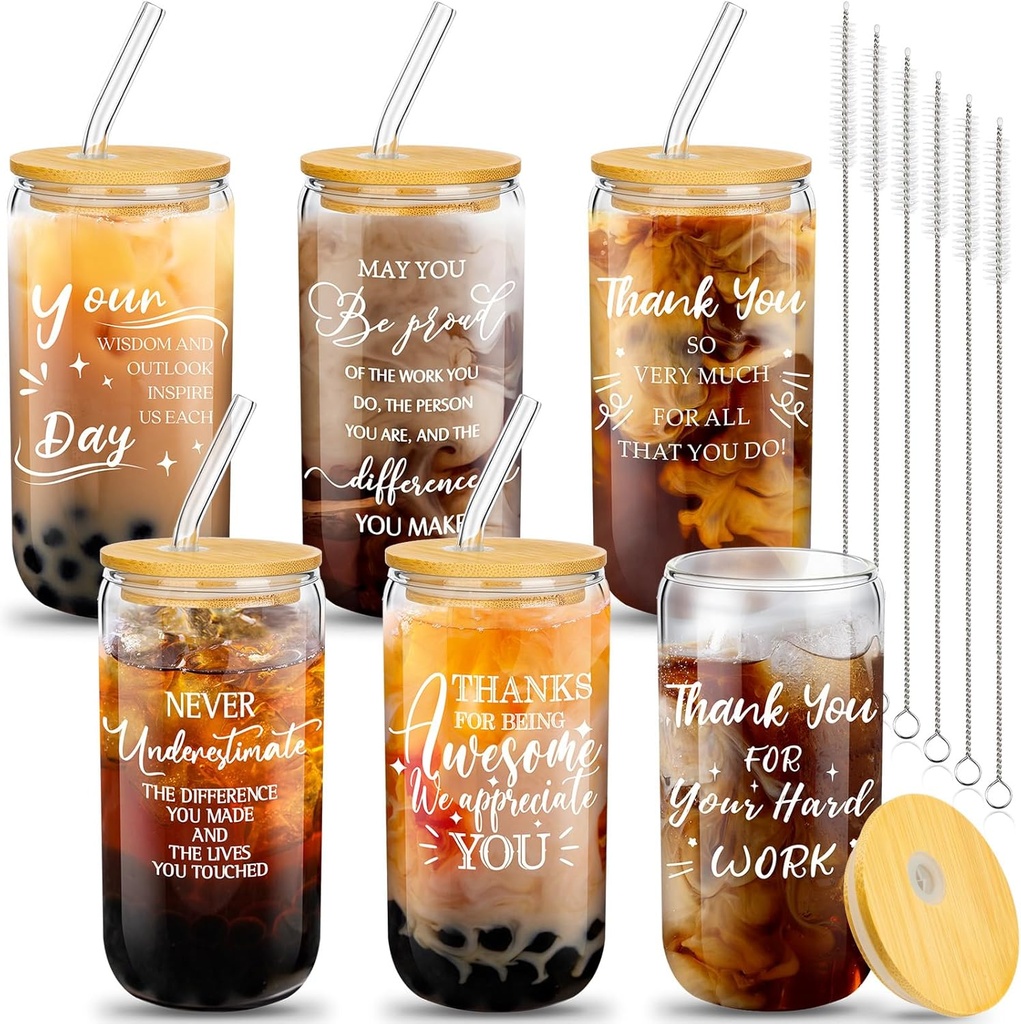 6 Set Employee Appreciation Gifts Christmas Team Thank You Gifts for Staff Coworker Team 16 oz Can Shaped Beer Glass Cups with Lids Straws Brushes for Xmas Teacher(Affirmative Style)