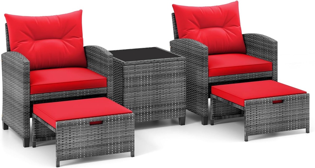 RELAX4LIFE 5-Piece Patio Furniture Set - Rattan Wicker Chairs w/Ottomans Footstools, Soft Cushions, Glass Coffee Table, Outdoor Bistro Conversation Set for Backyard Poolside Porch (Mix Grey-Red)