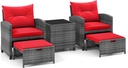 RELAX4LIFE 5-Piece Patio Furniture Set - Rattan Wicker Chairs w/Ottomans Footstools, Soft Cushions, Glass Coffee Table, Outdoor Bistro Conversation Set for Backyard Poolside Porch (Mix Grey-Red)