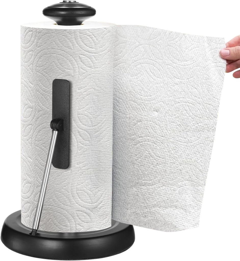Paper Towel Holder, Standing Kitchen Towel Dispenser with Spring Arm, Stainless Steel Tissue Holder with Weighted Base, Non-Slip Countertop Tissue Stand, Fits Various Paper Towel Rolls