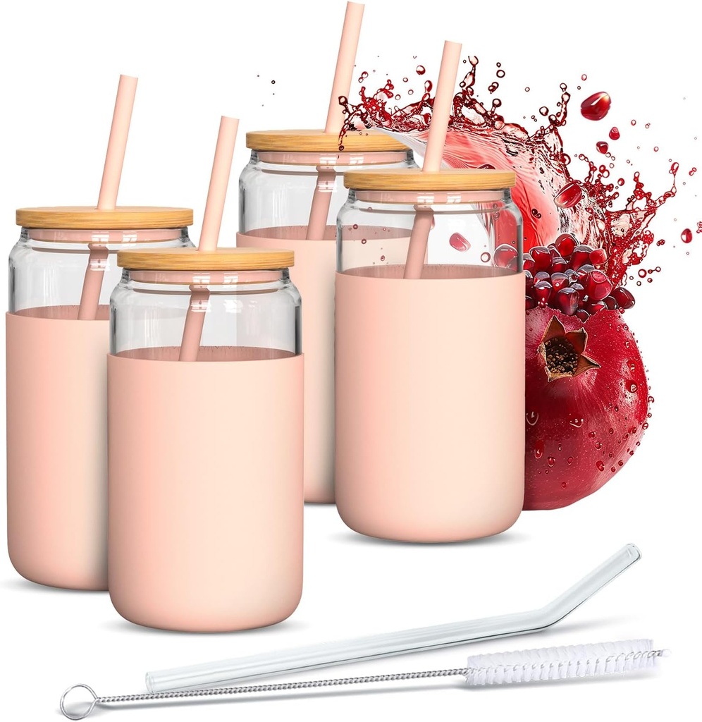 Drinking Glass Set of 4 500 ml with Silicone Sleeve and Bamboo Lid - 2 Drinking Straws Included (Silicone & Glass), Temperature Resistant from -20°C to 150°C