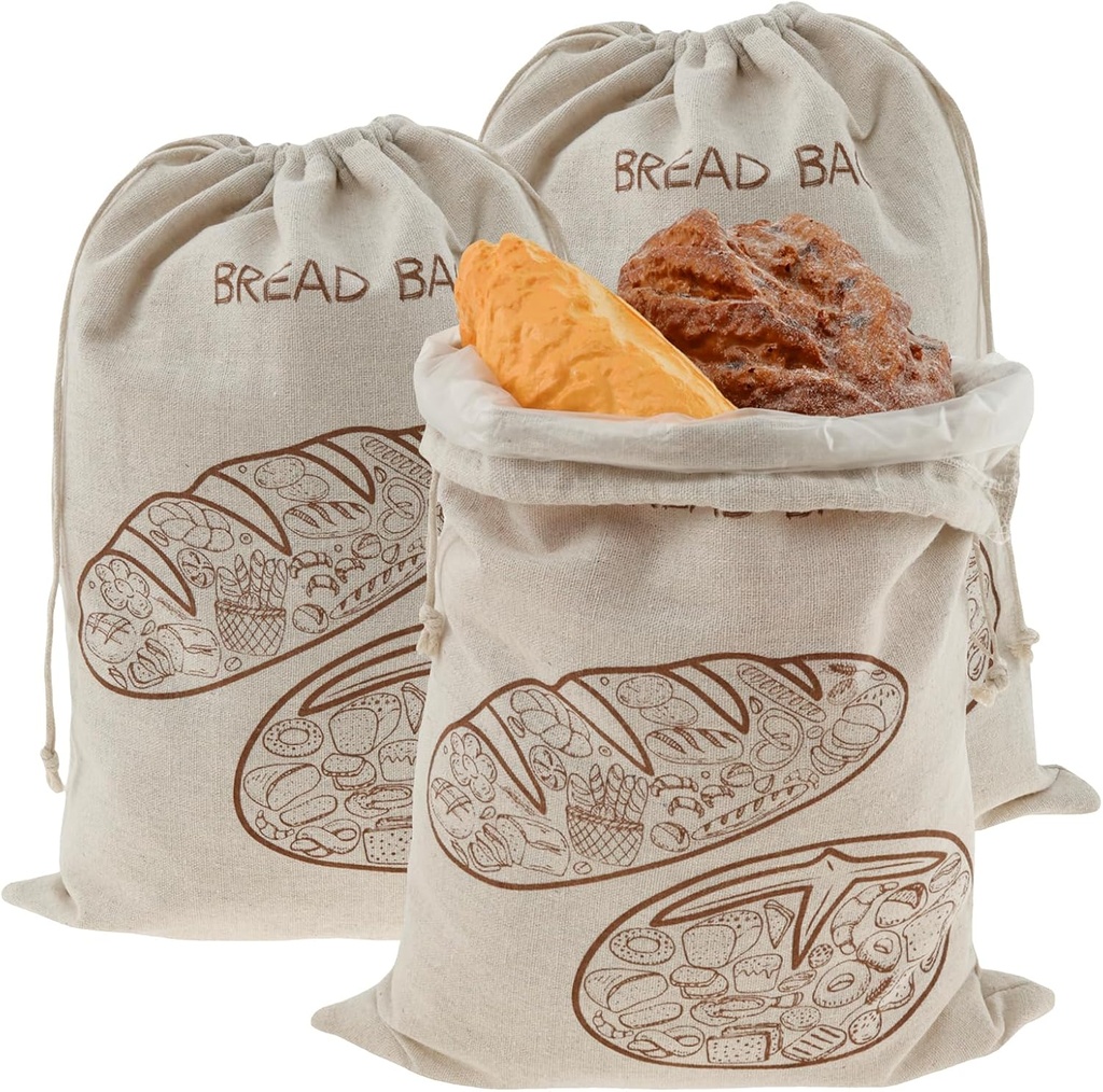 3 Pcs Bread Bags with Drawstring and TPU Lining Reusable Storage Linen Sourdough Bread Bags Portable Sourdough Storage Bag for Homemade