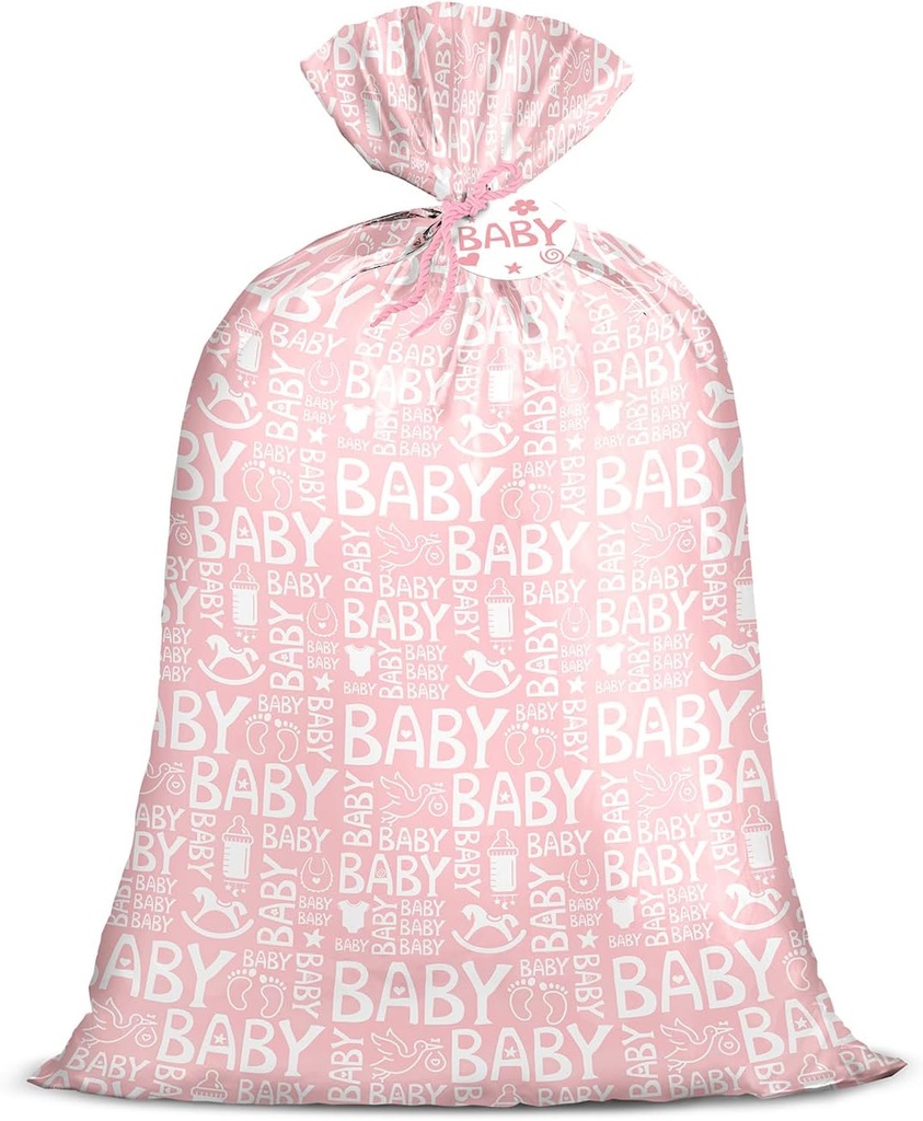 Loveinside Pink Jumbo Large Plastic Gift Bag, Baby Girl Design Plastic Bag with Tag and Tie for Birthday, Baby Shower and Holiday, 56" x 36", 1 Pcs
