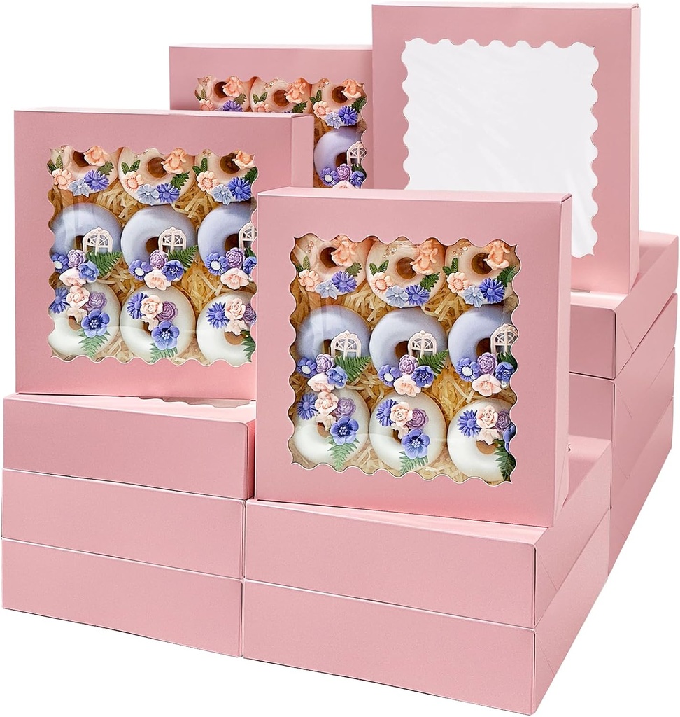 Bakepacker 36pcs Pink Pie Boxes 10x10x2.5 inches Easy Assemble Macaroon Cookie Boxes Bakery Boxes with Window for Bakery (Auto-pop Up)