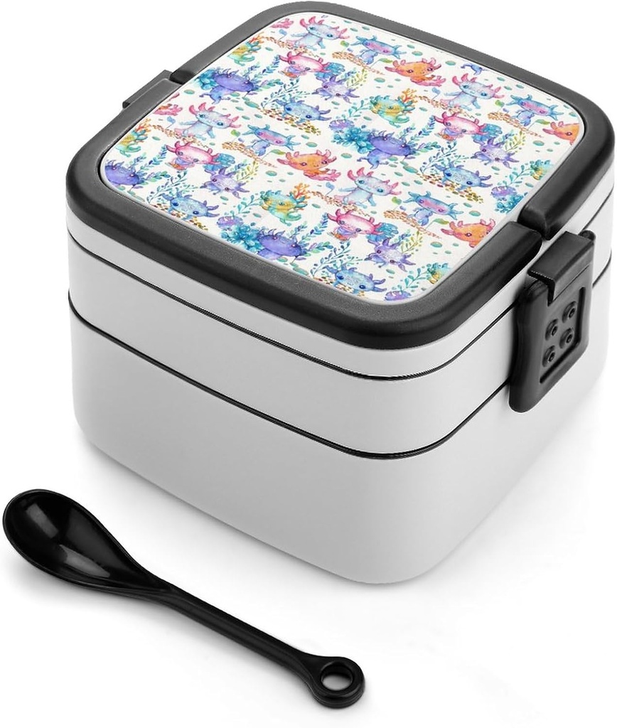 Watercolor Cute Axolotl Characters Bento Box Adult Portable Lunch Box with 2 Compartments Lunch Containers for Work Picnic