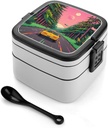 Science Fiction Style Robotic Car Bento Box Leak-Proof Double Layered Lunch Containers with Spoons And Invisible Handle, Portable Lunch Boxes for Work Picnic Travel
