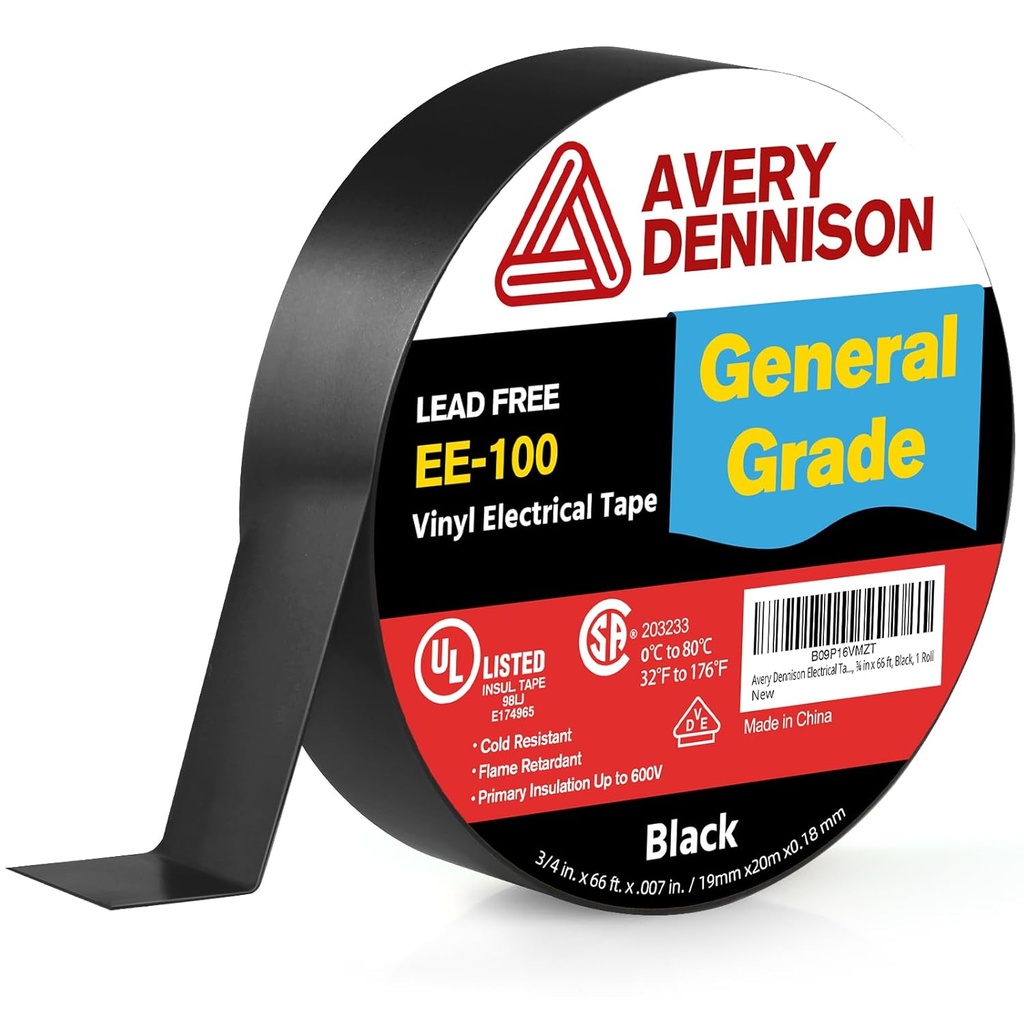 Avery Dennison Electrical Tape, General Use PVC Electric Tape, UL/CSA Listed Insulating Vinyl Tape for Electrical, Repairs, Automotive and Equipment, EE-100, ¾ in x 66 ft, Black, 1 Roll