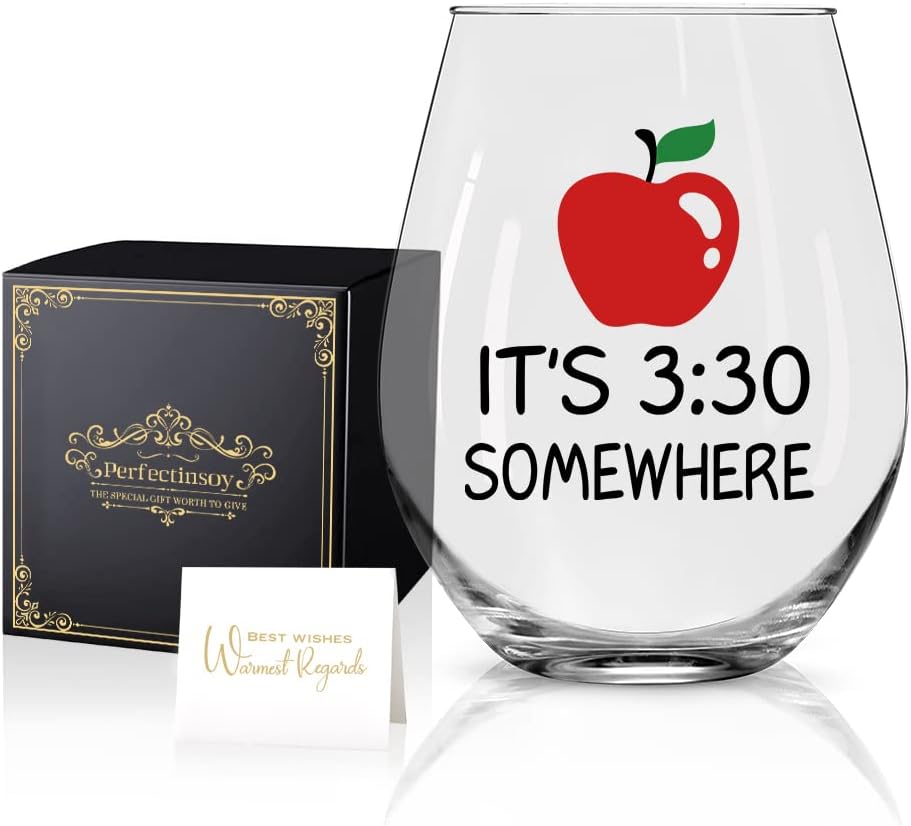 Perfectinsoy It's 3:30 Somewhere, Funny Wine Glass with Gift Box, Teacher Gifts for Women, Gifts for Preschool Elementary High School Teacher Professor, Teachers Appreciation Presents