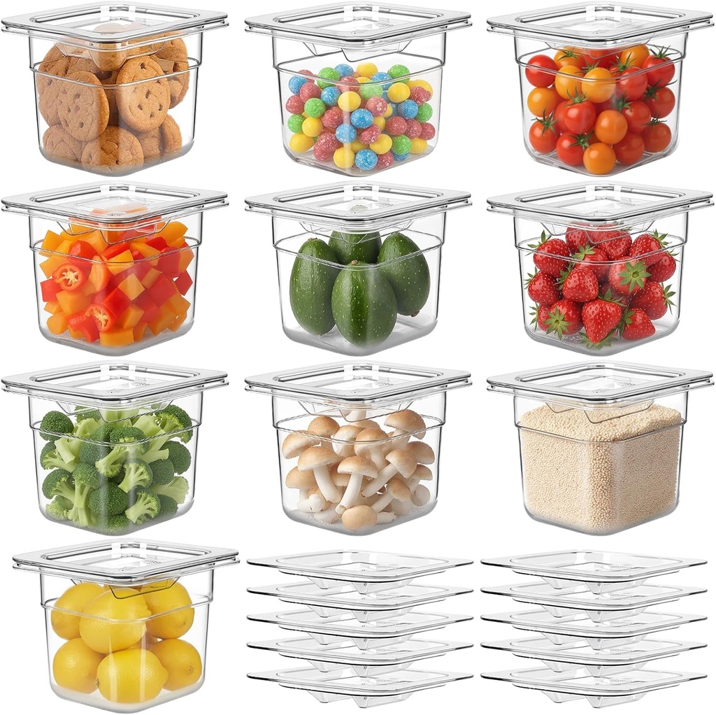 West Bay 10 Pack 1/6 Size Plastic Food Pans with Lids, 4 Inch Deep Clear Polycarbonate Hotel Pans for Commercial & Home Use, Stackable Food Storage Containers for Fridge, Kitchen & Catering