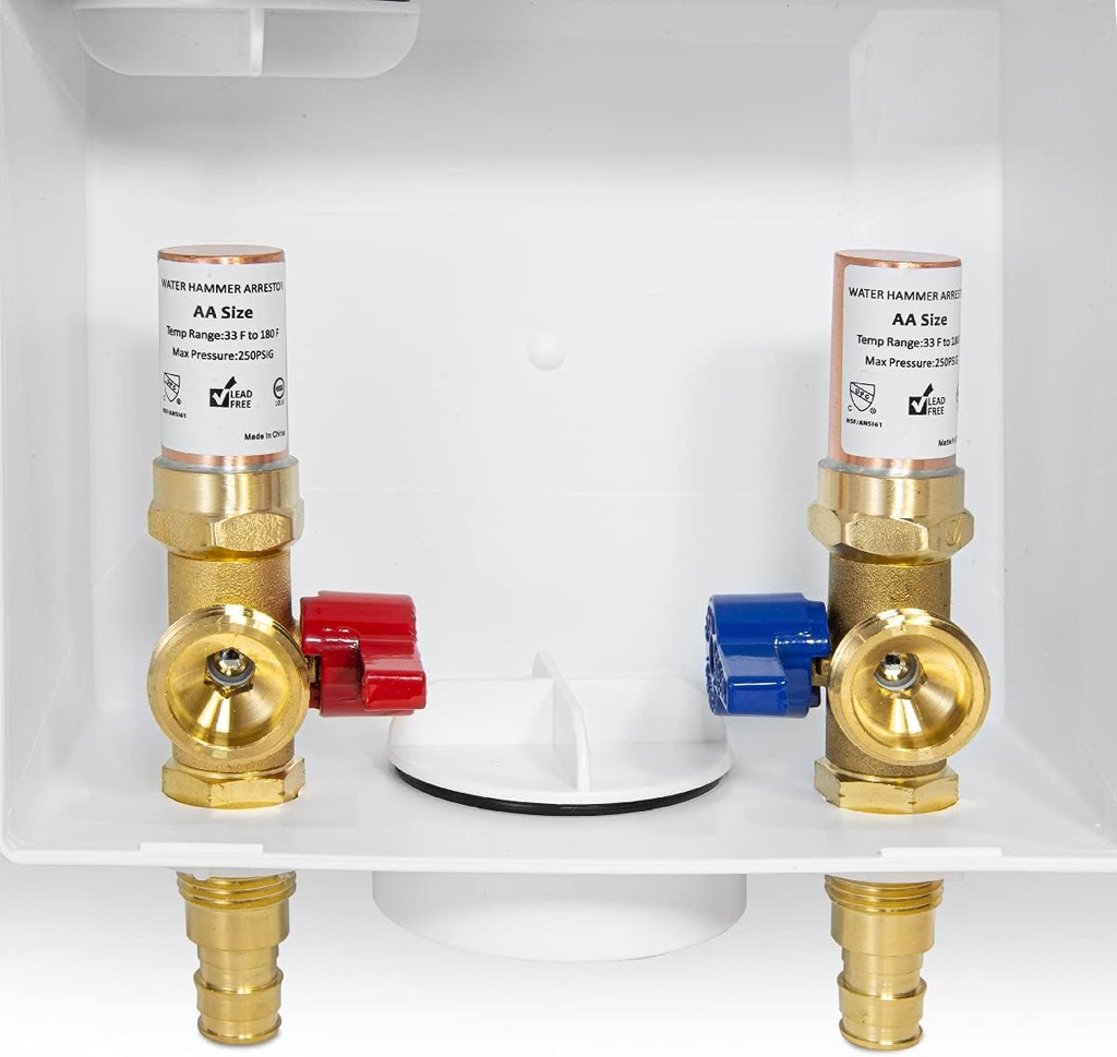 EFIELD Washing Machine Outlet Box, 1/2" Pex-A F1960 Expansion Connection x 3/4" MHT Connection, with Copper Water Hammer Arrestor, Center Drain with Brass 1/4 Turn Valves Installed,(WM013)