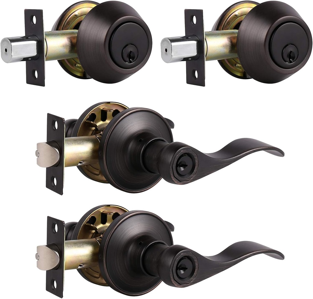 Probrico Deadbolt with Handle Set Keyed Alike, Front Exterior Door Handle Lock Set, Entry Door Lever Oil Rubbed Bronze Double Cylinder, 2 Sets