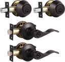 Probrico Deadbolt with Handle Set Keyed Alike, Front Exterior Door Handle Lock Set, Entry Door Lever Oil Rubbed Bronze Double Cylinder, 2 Sets