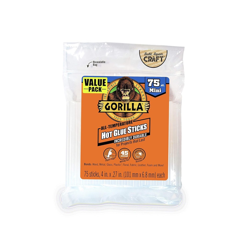 Gorilla Hot Glue Sticks, Clear Glue, Mini Size 4" Long x 0.27" Diameter, 75 Count (Pack of 1) - Safe for All Temperatures with Extended Working Time