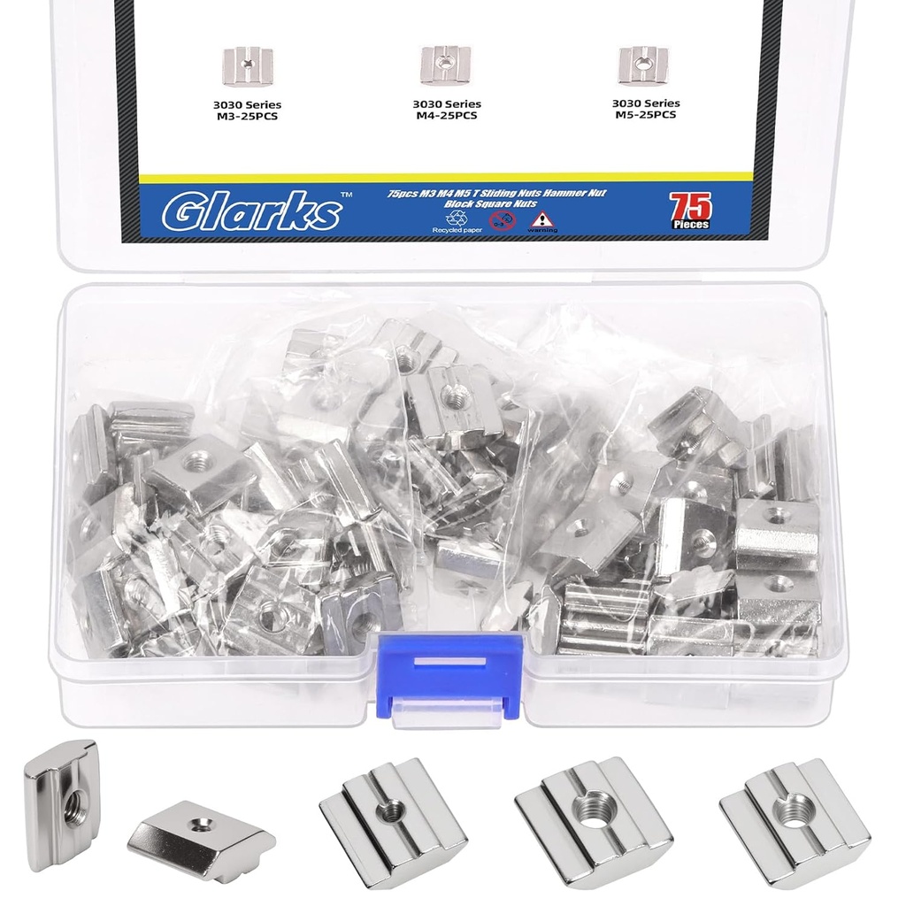Glarks 75pcs M3/M4/M5 30 Series T-Slot Nut Kit, Carbon Steel T Slot Sliding Nuts, Metric Thread Slide in T-Nut, Hammer Head T Nut, European Standard Slide Nuts for 3030 Aluminum Profile