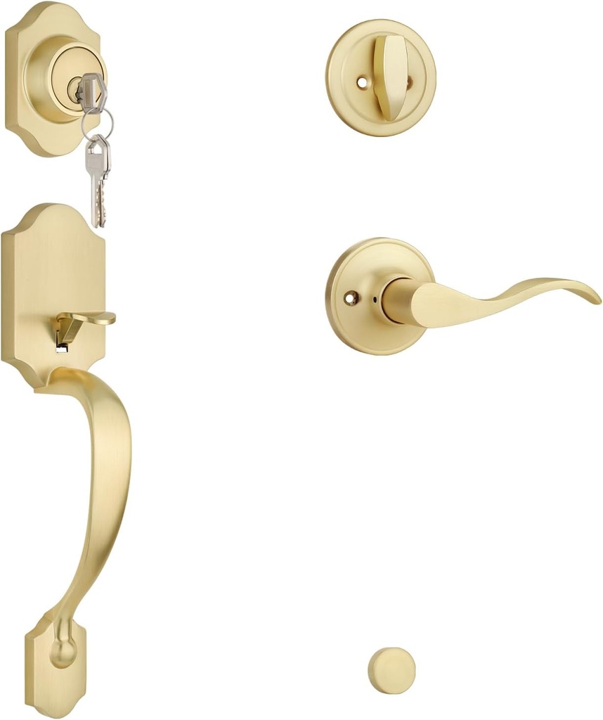 Brushed Gold Front Door Lock Set, Front Door Handle with Single Deadbolt, Exterior Door Lock Set, Heavy Duty Entry Door Handle, Reversible for Left/Right Opening Doors, Modern Wave Design