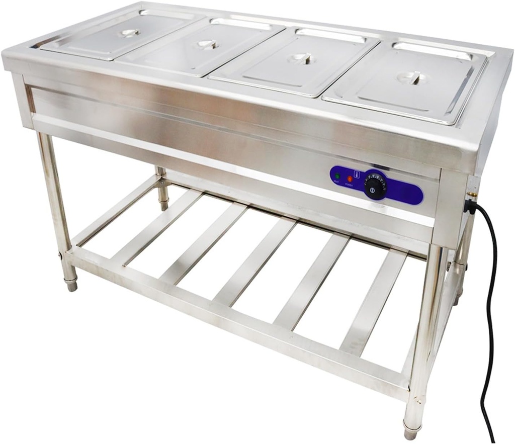 Steam Table 4-pan Bain Marie Buffet Food Warmer Bain Marie Commercial Food Warmer Adjuestable Temperature 0℃-95℃ 110V 59" with Stand for Parties Resturants Buffet Wedding