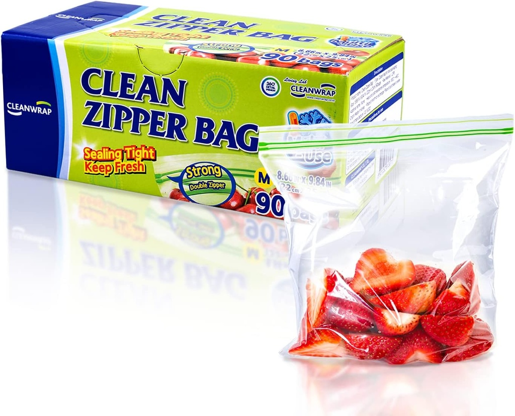 Clean Zipper Bag Medium 90 Bags, LDPE, BPA FREE, Food Storage Bags, Freezer Bags