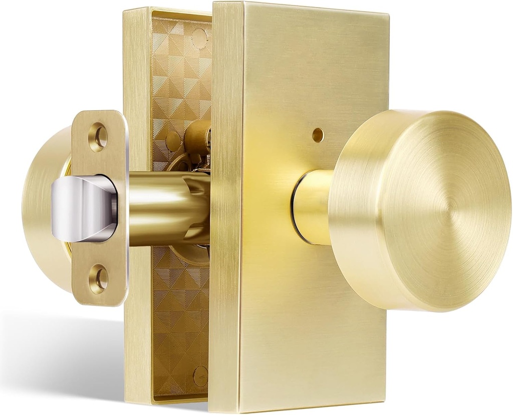 Privacy Gold Door Knob Interior, Satin Brass Door Knobs with Lock, Modern Round Door Handles for Bedroom Bathroom,Rectangle Rosette