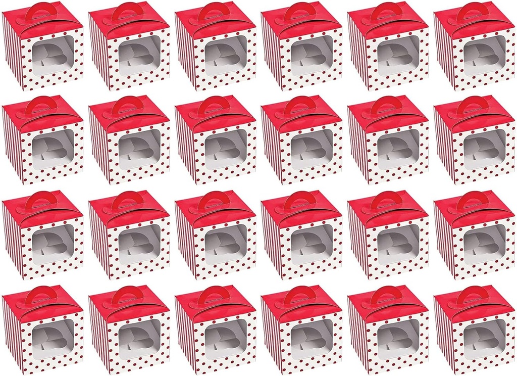 Live It Up! Party Supplies Festive Red Polka Dot Christmas Holiday Cupcake Boxes with Handles - Individual Single Cupcake Boxes With Insert Holders, 24 count