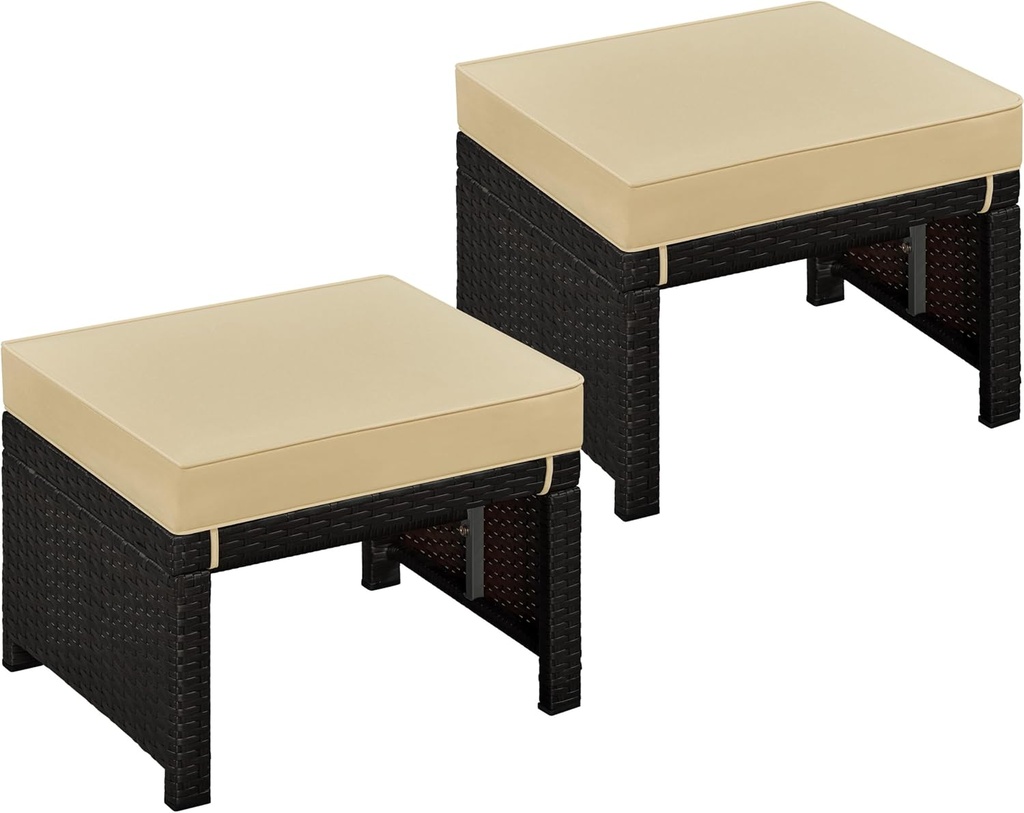Yaheetech Wicker Ottomans, Set of 2 Footrest with Removable Cushion, 2pcs PE Rattan Side Table Additional Seating Multipurpose Outdoor Furniture for Patio, Backyard, Brown/Khaki