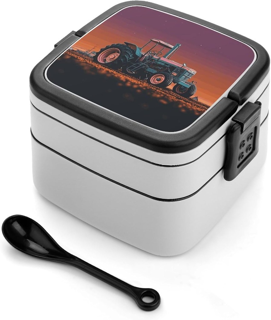 Aesthetic Tractor Bento Box for Adults Double Layer Lunch Box with Spoon And Invisible Handle Microwave Dishwasher Safe Leak Proof Meal Prep Lunch Containers for Office Picnic