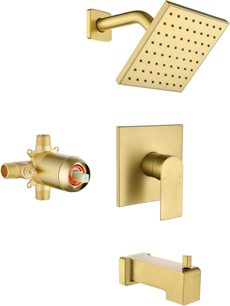 Brushed Gold Shower Faucet Set with Tub Spout, 6 Inch Rain Shower Head and Tub Spout, Shower Fixtures with Tub Spout, Tub and Shower Trim Kit