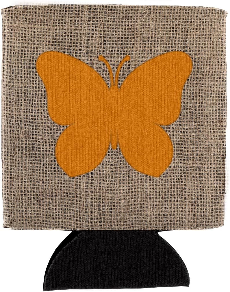 Caroline's Treasures BB1047-BL-OR-CC Butterfly Burlap and Orange BB1047 Can or Bottle Hugger Cooler Washable Drink Sleeve Collapsible Beverage Insulated Holder, Can Hugger, Multicolor