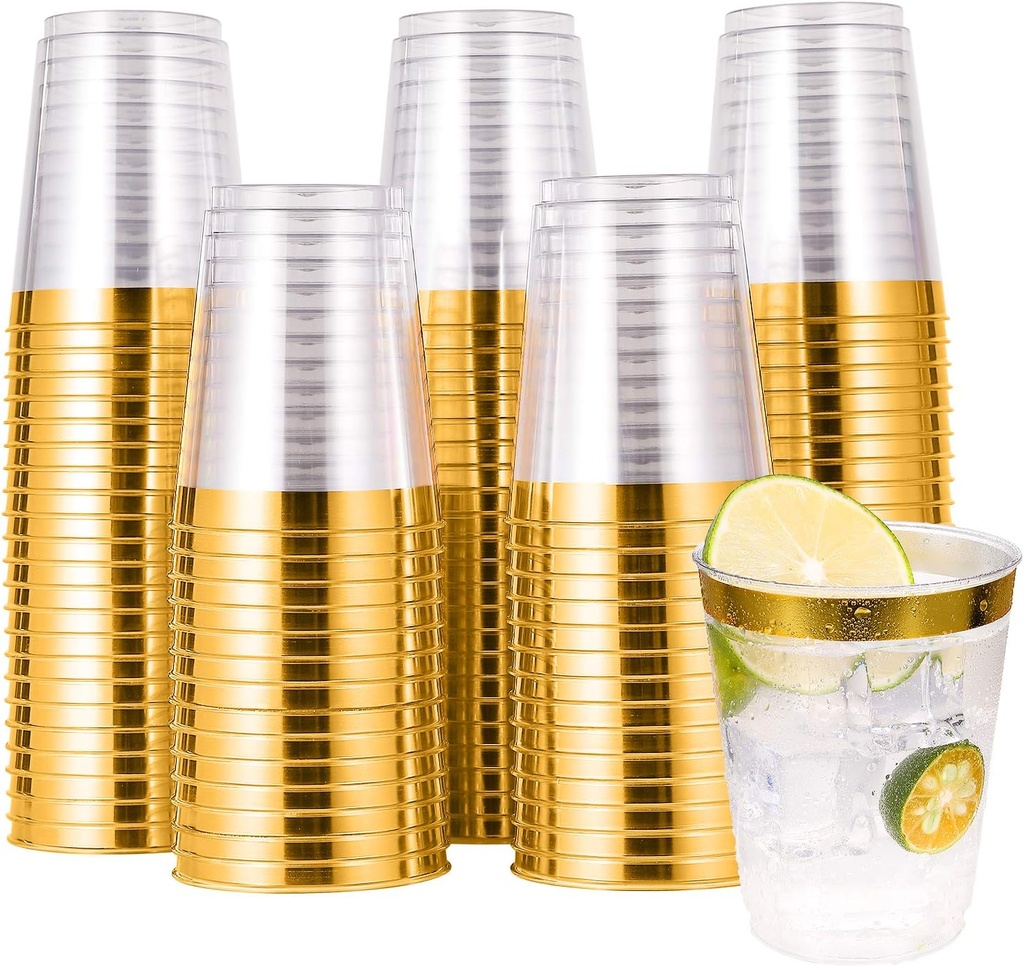 JOLLY CHEF 100 Pack 10 oz Gold Plastic Cups, Clear Plastic Glasses Tumblers, Elegant Gold Rimmed Disposable Cups Perfect for Weddings, Thanksgiving Day, Christmas