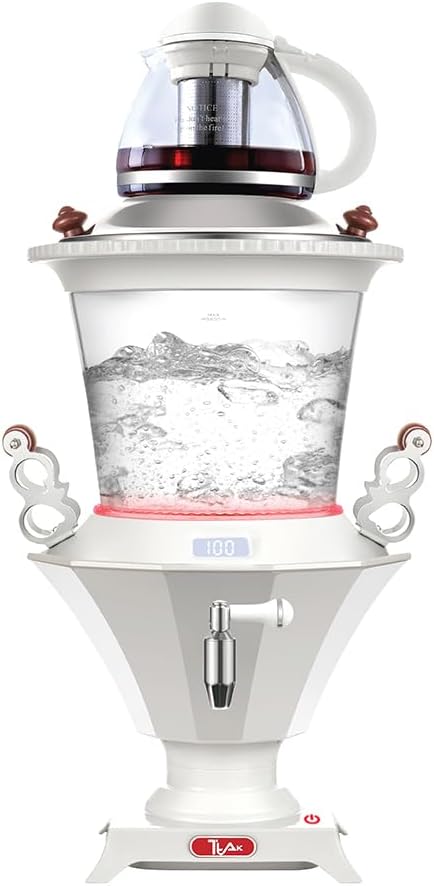 Electric Glass Samovar - Tea Maker Water Auto Shut Off Kettle Modern Design Overheat Boil-Dry Protection LED Temperature Glass Teapot (1 Liter) Large Kettle (3.2 Liters) (White)