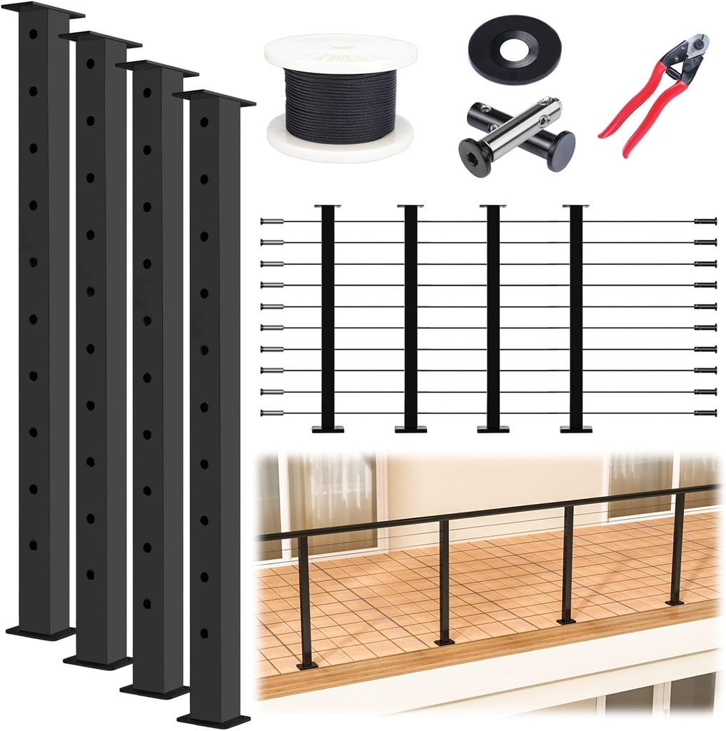 Muzata 15-20FT Modular Black Cable Railing Kit 36 Inch 4 Level Post Kit Complete Set Cable Railing System for Decks Length Adjustable Easy DIY with Paper User Guide (No Handrail) RWS2 BH4S