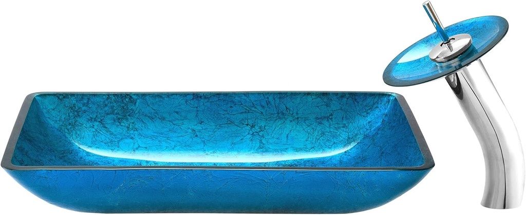 Swiss Madison Well Made Forever SM-VSF296 Cascade Rectangular Glass Vessel Sink with Faucet (Ocean Blue)