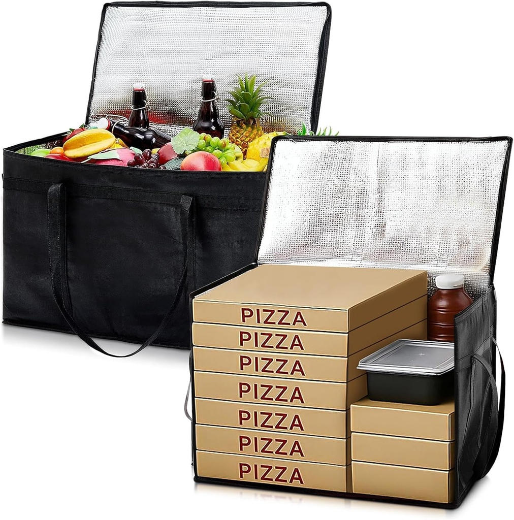 Maxcheck 2 Pcs Insulated Bags for Food Delivery XXXL Large Capacity Hot Grocery Tote Bag Reusable Warming Pizza Catering Carrier for Commercial Travel Lunch Shopping Gifts (Black)