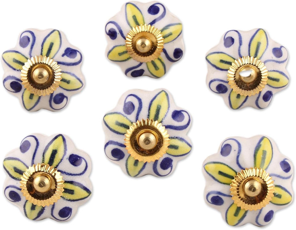 NOVICA Artisan Handmade Ceramic Cabinet Knobs Floral Yellow White Set of 6 India Metal Decor Accessories Decorative Hardware Painted Garden Party Bohemian [ 3.1in H x 2in W x 1.2in D Screw Length 1.6]