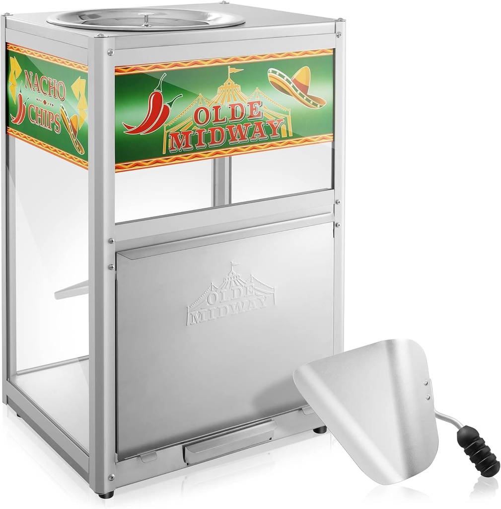Olde Midway Nacho Chip Warmer Machine with Scoop, Commercial Grade Stainless Steel Concession Stand Display with Glass Door