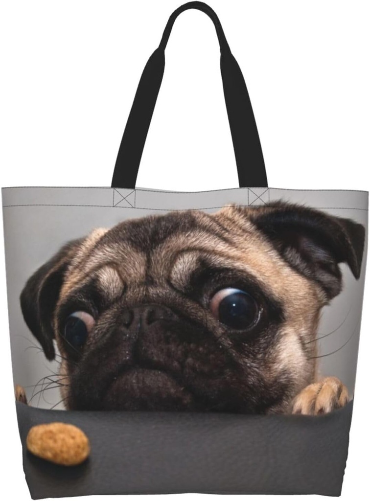 Novelty Dog Pug Large Tote Bag Casual Shoulder Bags Reusable Grocery Handbag For Women Travel Shopping