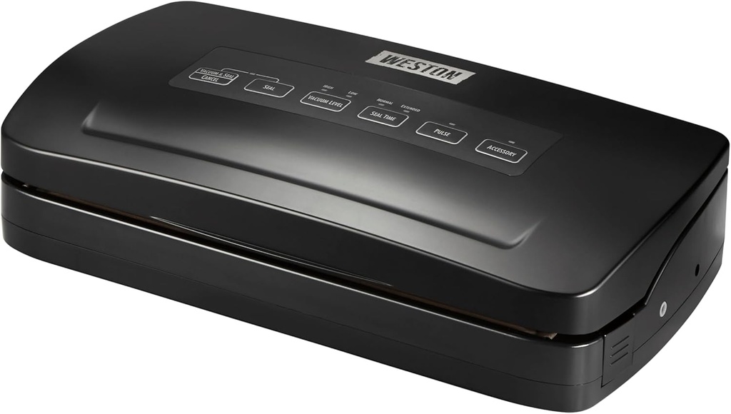 Weston Brands Vacuum Sealer Machine for Food Preservation & Sous Vide, Seals Bags up to 11” Wide, 110 Watts, 22.5” HG Strength, Includes Roll Storage and Starter Pack, Black (65-3001-W)