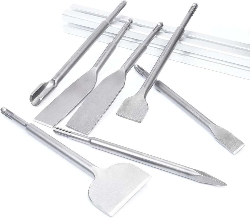 Chisel Set with SDS Plus Shanks, 7pcs Masonry Concrete Drill Bit Set, Tile Grooving Scraping Flat Point Scaling Chisels Steel Rotary Hammer Drill Tool Kit SDS Plus Bits for Home Improvement