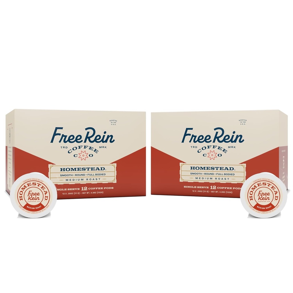 Free Rein Coffee Company, Homestead Medium Roast Coffee Pods – Smooth & Balanced Coffee, Roasted in America – 24ct (2 Packs of 12)