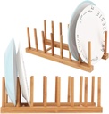 2PCS Bamboo Wooden Dish Rack, Plate Rack Stand Pot Lid Holder w/Holds 14 Plates, Kitchen Dish Plate Storage Cabinet Organizer Drainer w/ 7 Slots for Cup, Cutting Board, Bowl, Drying Rack and More