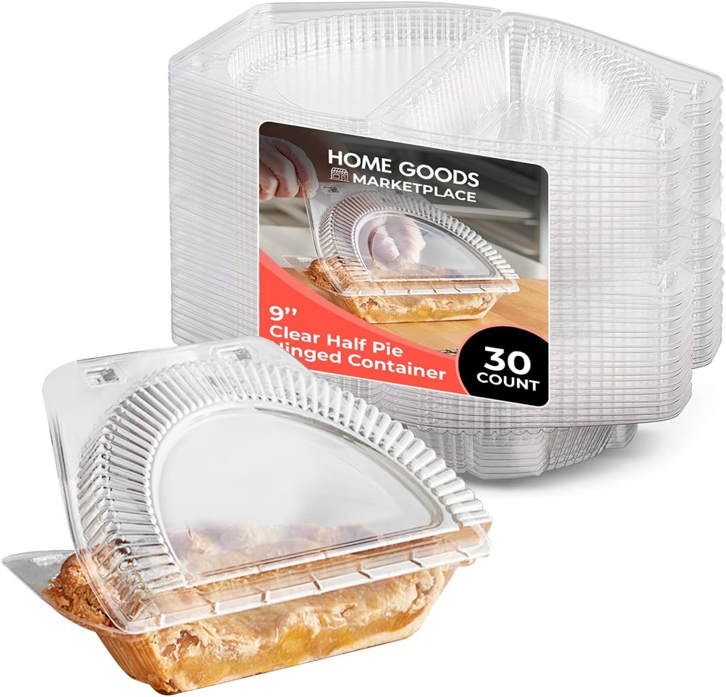 Clear 1/2 Pie Containers 10x6x2 Inch – 30 Pack | Disposable Plastic Clamshell Pie Slices & Bakery Containers with Hinged Lids – BPA-Free, Durable To-Go Packaging for Cakes, Desserts, Pastries