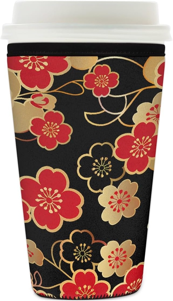 Traditional Japanese Cherry Blossom Reusable Iced Coffee Sleeve Neoprene Insulated Drink Holder, Washable Anti-Slip Cold Cup Sleeve for Tumblers Bottles Glasses 26-28oz