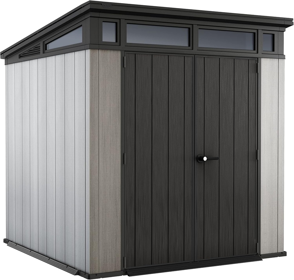 Keter Artisan 7 x 7 Foot Large Modern Design Outdoor Shed with Floor for Outdoor Furniture, Lawn Equipment, Bikes, and Gardening Tools, Gray