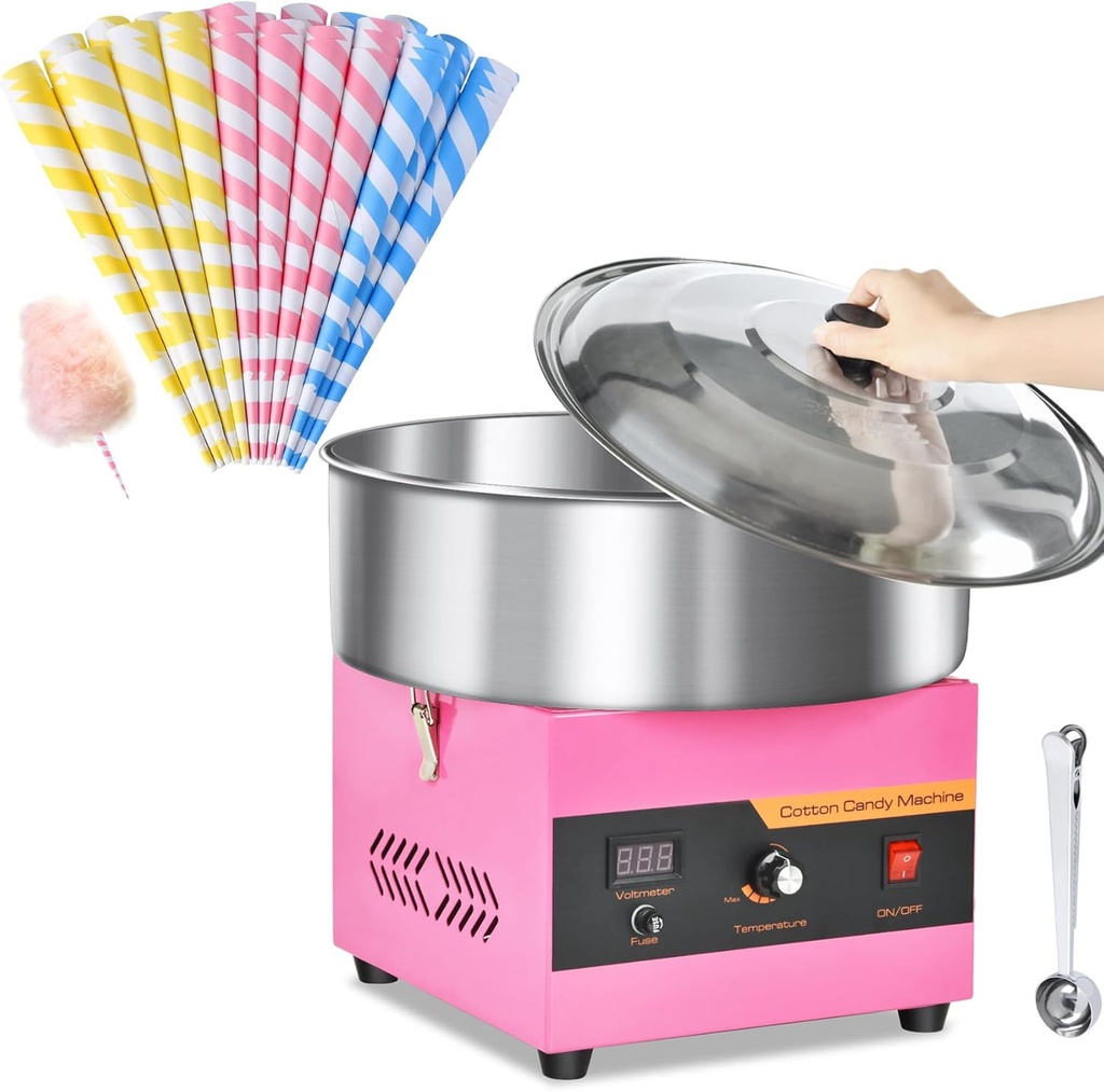 Cotton Candy Machine Commercial & Cotton Candy Cones for Cotton Candy Making, Candy Floss Machine with Stainless Steel Bowl and Sugar Scoop, 60PCS Colorful Sticks for Kids Birthday, Family Party