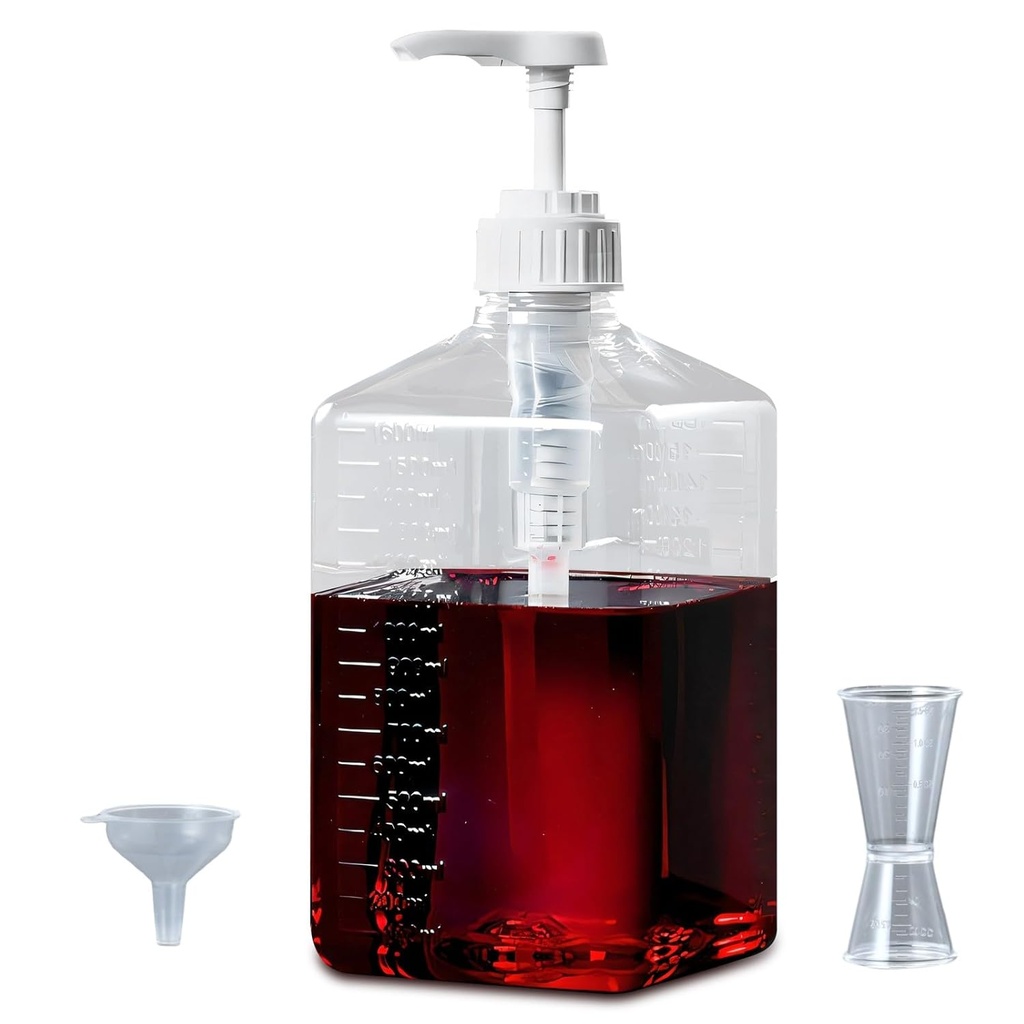 Large Capacity Syrup Dispenser for Coffee Bar, 54oz 1600ml PET Syrup Bottle w Measuring Cup and Funnel, Dispenser Bottle w Upgraded Pump