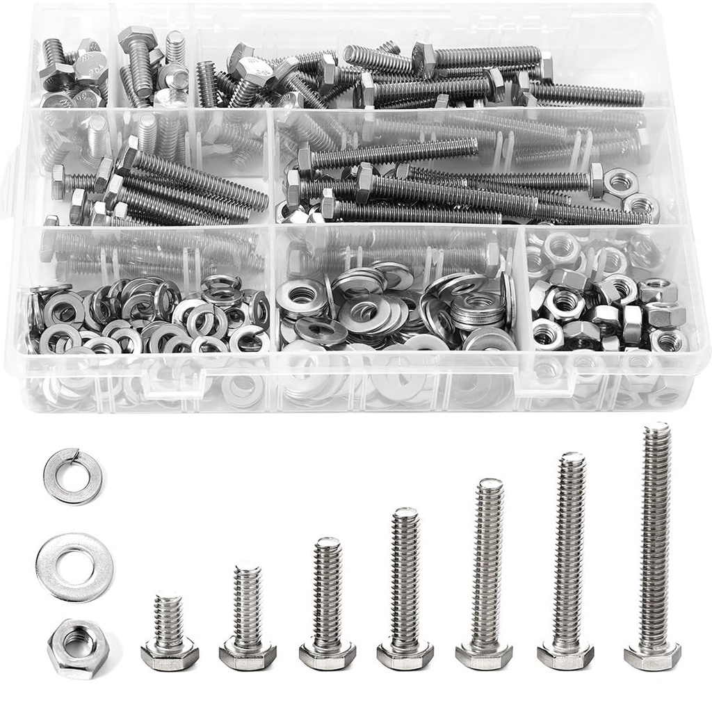 280PCs 1/4-20 Hex Bolts Screws Hex Nuts Flat Washers Lock Washer Kit, Stainless Steel 304, Fully Threaded Hex Bolt 1/4-20 x 1/2" 3/4" 1" 1-1/4" 1-1/2" 1-3/4" 2" Length